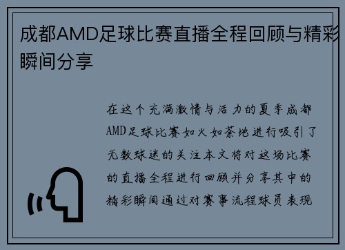 成都AMD足球比赛直播全程回顾与精彩瞬间分享